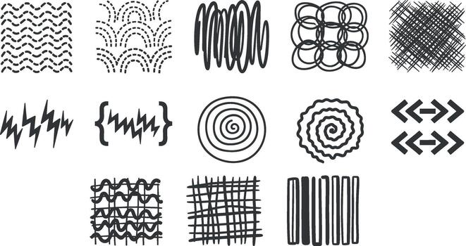 Collection of hand-drawn doodle patterns and elements on transparent background vector