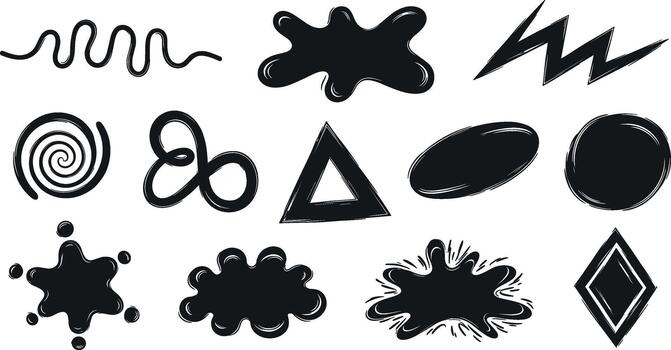 Collection of black ink shapes and lines on white background on transparent background vector