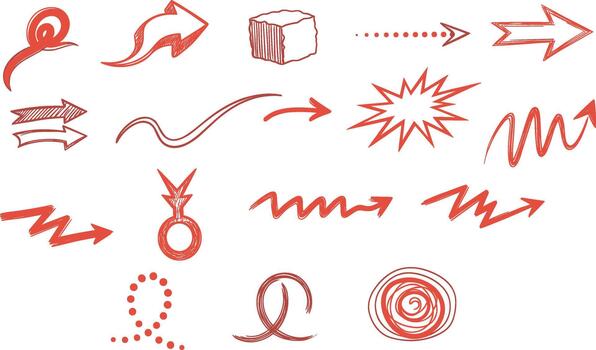 Collection of red hand-drawn arrows and symbols on white background on transparent background vector