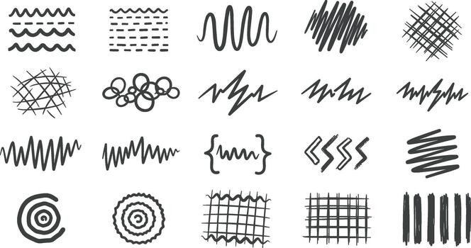 Collection of hand-drawn line patterns and shapes on white background on transparent background vector