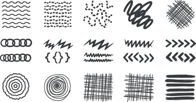 Collection of hand-drawn doodle patterns and textures on transparent background vector