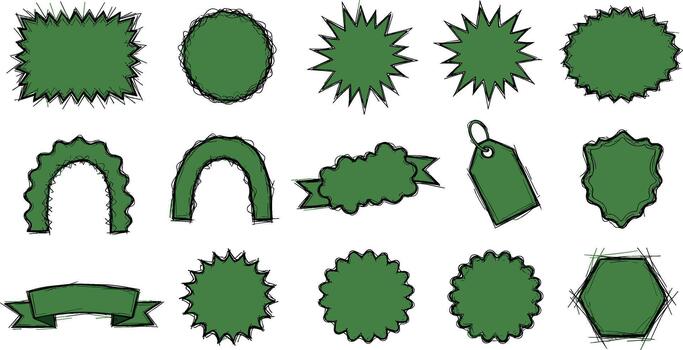 Collection of green label and banner shapes with sketchy outlines on transparent background vector