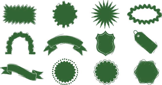 Collection of green sketchy badges, labels, and banners on transparent background vector
