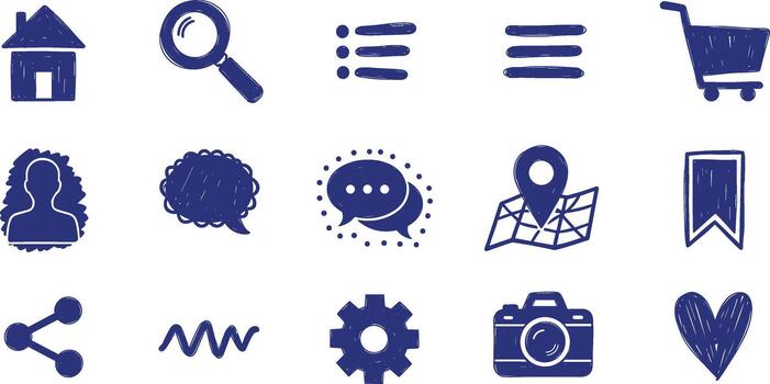 Collection of hand-drawn style web and app icons in blue on transparent background vector