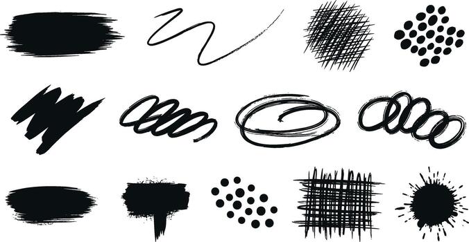 Collection of black ink strokes and splatters on white background on transparent background vector
