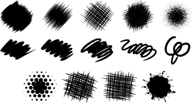 Collection of black ink marks and textures on white background on transparent background vector