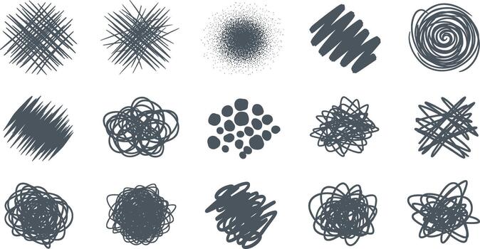 Collection of fifteen hand-drawn scribbles, lines, and shapes on white background on transparent background vector