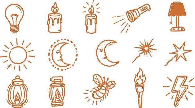 Collection of orange line art icons representing light sources on transparent background vector