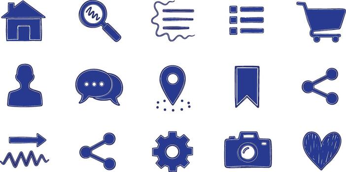 Collection of blue hand-drawn style web and app icons on white background on transparent background vector