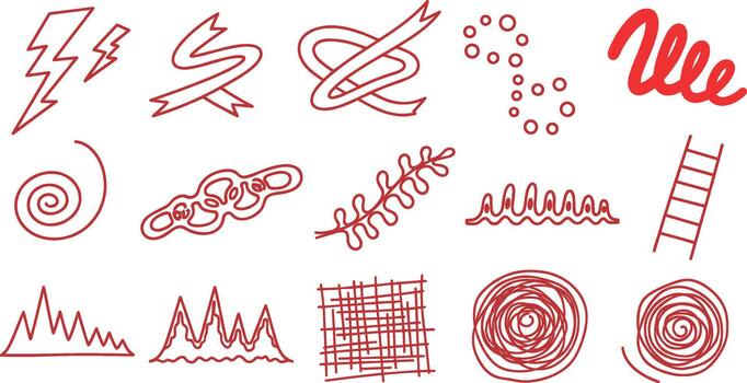 Red line art assorted shapes and symbols on white background on transparent background vector