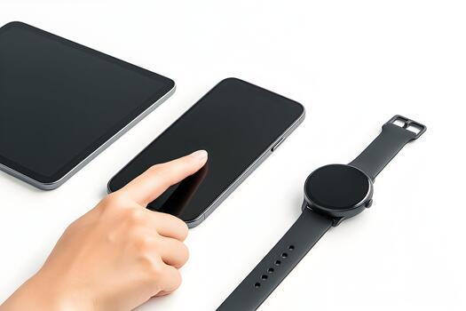Hand Tapping Smartphone with Tablet and Smartwatch Minimal Tech Setup photo