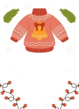 Festive Poster template frame featuring a red Christmas sweater with a bell design, string lights, greenery, and snowflakes on a white background. vector