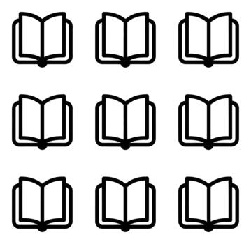 A repeating pattern of nine simple black outline open book icons for reading and learning vector