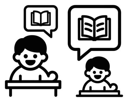 Two simple student icons at desks with thought bubbles displaying open books for learning vector