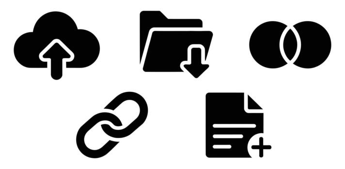 Comprehensive collection of black silhouette icons representing digital data management and connections vector