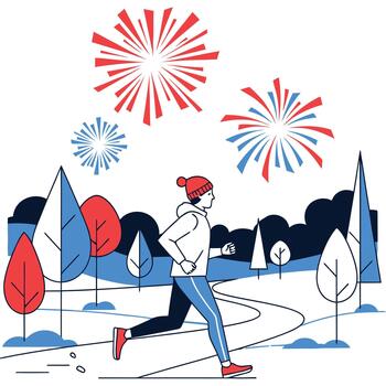 persona que practica jogging corriendo en camino con arboles y fuegos artificiales celebracion vector
