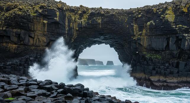 Ocean waves crashing through a natural rock archway with distant rock formations visible beyond photo
