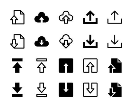 20 Upload and Download Icons Line and Solid style for App Navigation vector