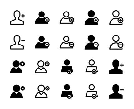 20 User Add and Remove Icons Line and Solid style for Account Management vector