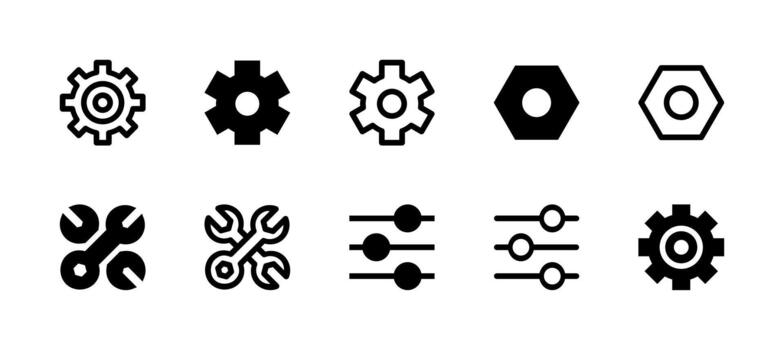 10 Settings Gear Icons Line and Solid style for System Configuration vector