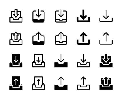 20 bandeja de entrada y bandeja de salida íconos línea y sólido estilo para correo electrónico comunicación vector