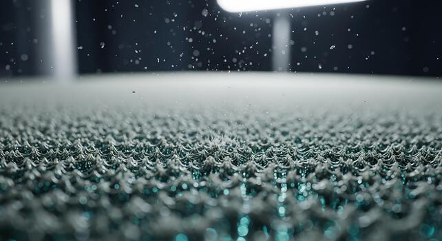 Close up of textured surface with water droplets falling under a bright light source above it photo