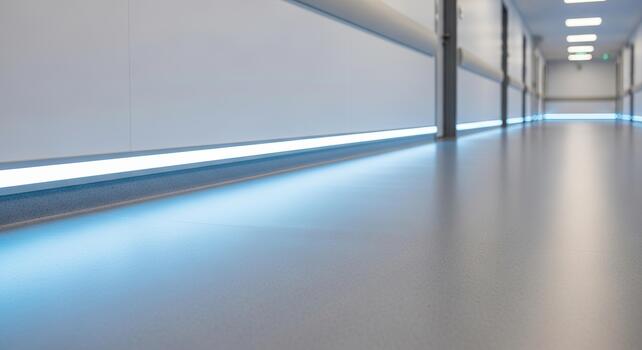 A long hallway with white walls and a shiny floor illuminated by recessed lighting fixtures photo