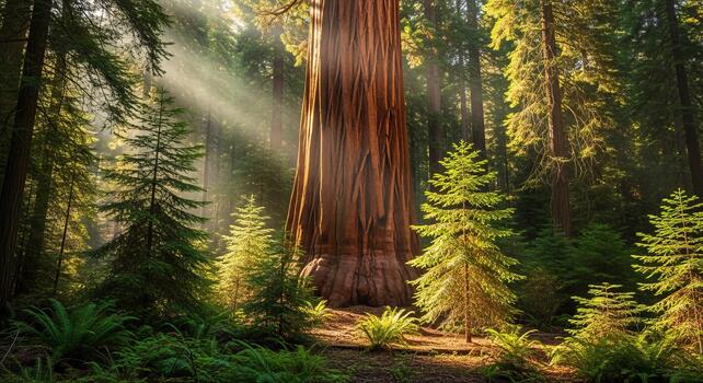 Sunlight streaming through the towering redwood trees in a lush green forest landscape view photo