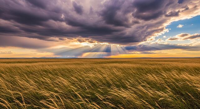 A vast field of golden grass under a dramatic sky with sun rays breaking through dark clouds above photo