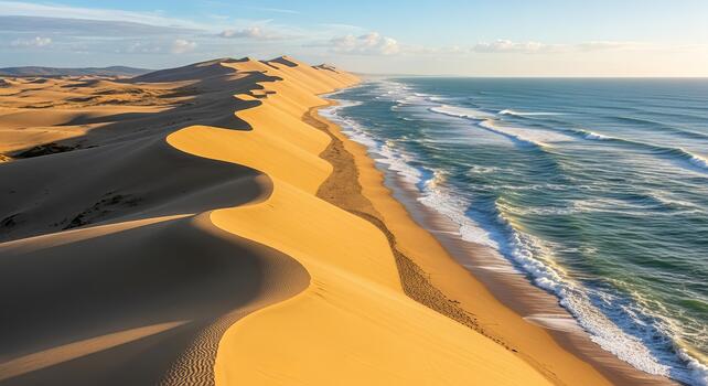 Aerial view of sand dunes meeting the ocean with waves crashing on the shore under a blue sky photo