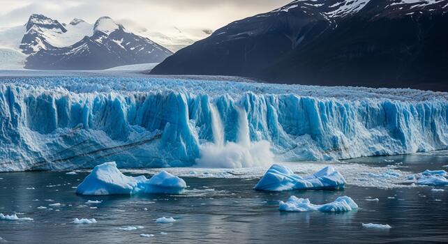 A scenic view of a glacier calving into a lake with mountains in the background on a cloudy day photo