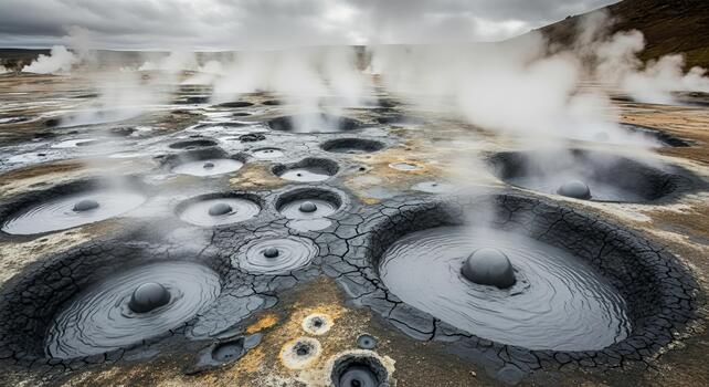 Aerial view of geothermal area with bubbling mud pots and steam rising under cloudy skies landscape photo