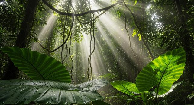 Lush tropical forest with sun rays shining through the canopy and vibrant green foliage visible photo