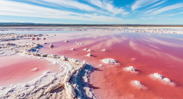Aerial view of pink salt lake with salt formations and cloud reflections under a blue sky with clouds photo