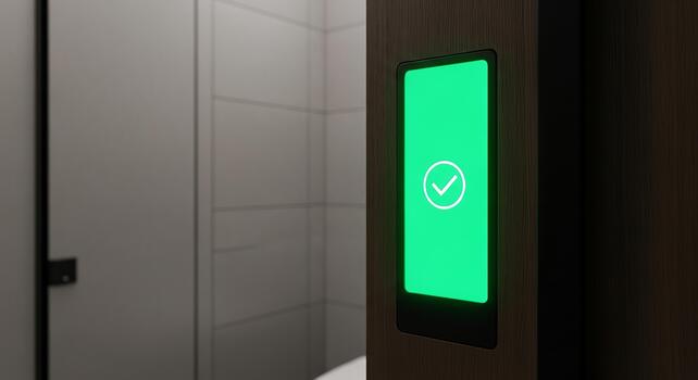 Close up of a green screen with a check mark on a wall next to a closed white door paneling photo