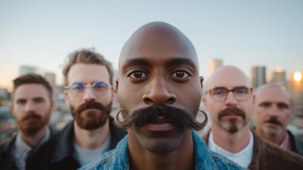 Close up portrait of a man with a curled mustache standing front and center, other men in soft focus behind him with cityscape at sunset photo