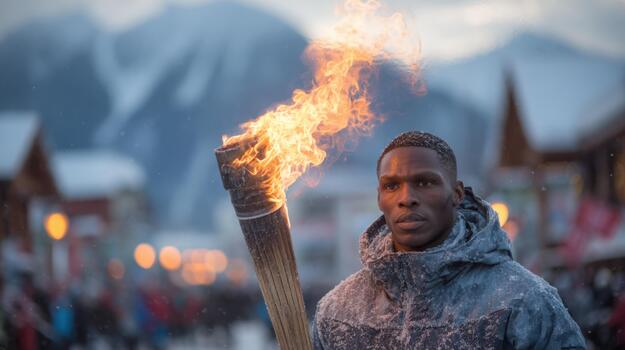 A man in winter clothing holds a burning torch in a snowy town with mountains in the background during dusk photo