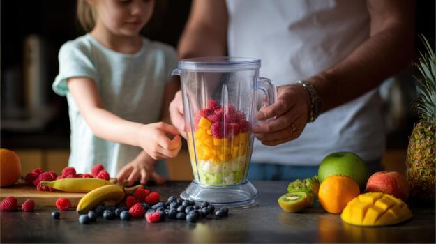 Fresh fruits being prepared in a blender by a child and an adult in a kitchen, surrounded by a variety of colorful fruit on the table photo