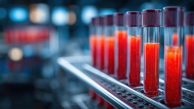 Rows of blood samples in test tubes at a science laboratory with blurred lights and equipment photo