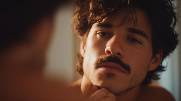 Young man with a mustache looks at his reflection in the mirror with a thoughtful expression photo
