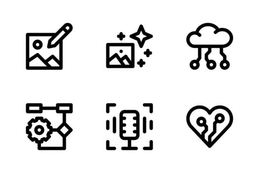 Artificial Intelligence Icon Set Including Image Editor, Image Generator, Cloud, Algorithm, Voice Recognition, and Artificial Emotion vector