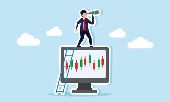 Businessman climbing a monitor showing candlestick charts using a ladder to look ahead with a telescope illustration of analyzing stock performance and business progress vector