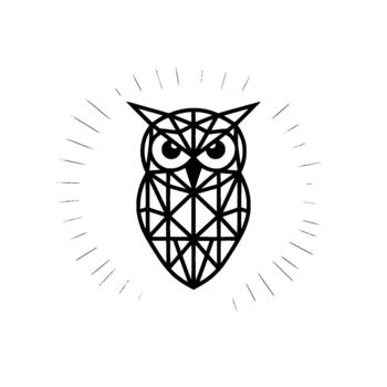 A stylized geometric owl with sharp angular lines and radiant light rays emanating outwards vector