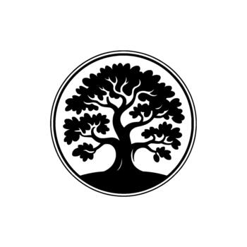 A stylized silhouette of a mature oak tree with intricate branches and dense foliage encased within a thick double lined circular border vector