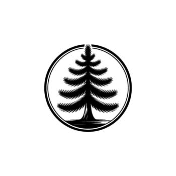 A classic monochrome depicting a detailed silhouette of a coniferous pine tree enclosed within a bold circular border vector