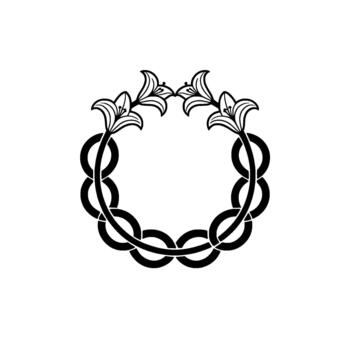 Elegant of a circular frame composed of interlinked rings adorned with stylized lily flowers at the top and bottom vector