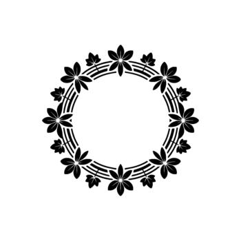 A circular silhouette featuring alternating five petal flowers and clusters of small leaves attached to curved parallel lines vector