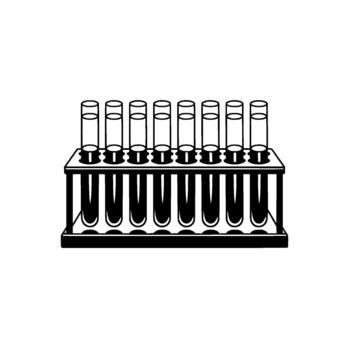 A stark and simplified illustration depicting a laboratory rack filled with multiple empty glass test tubes in a row vector