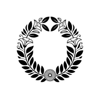 A sophisticated line art floral wreath featuring stylized lilies and a central daisy element creating an elegant circular decorative frame vector