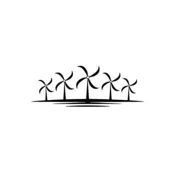 A minimalist illustration depicting a stylized row of five dark gray wind turbines with sweeping blades arranged horizontally across a plain light gray background vector